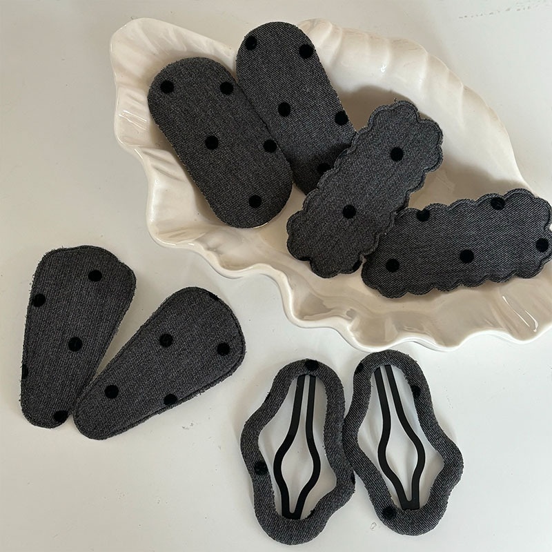 两个装复古波点灰色发夹BB夹丝绒点点碎发刘海夹 几何长方形发卡