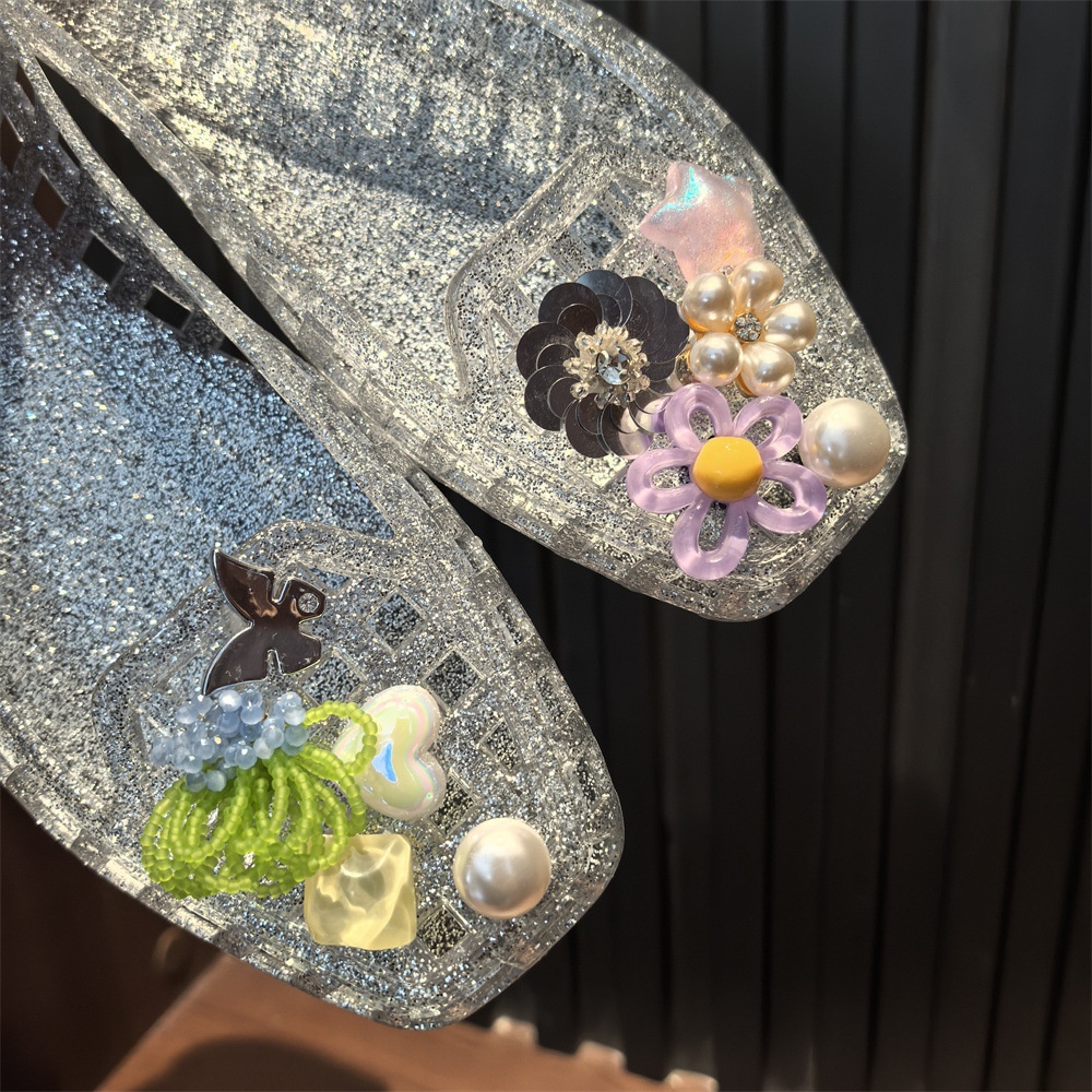 小红书同款水晶鞋鞋花感套装串珠花朵珍珠蝴蝶结亮片透明装饰