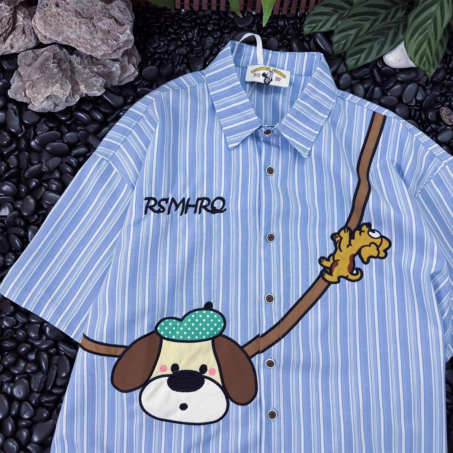 特大码创意趣味卡通条纹情侣衬衫