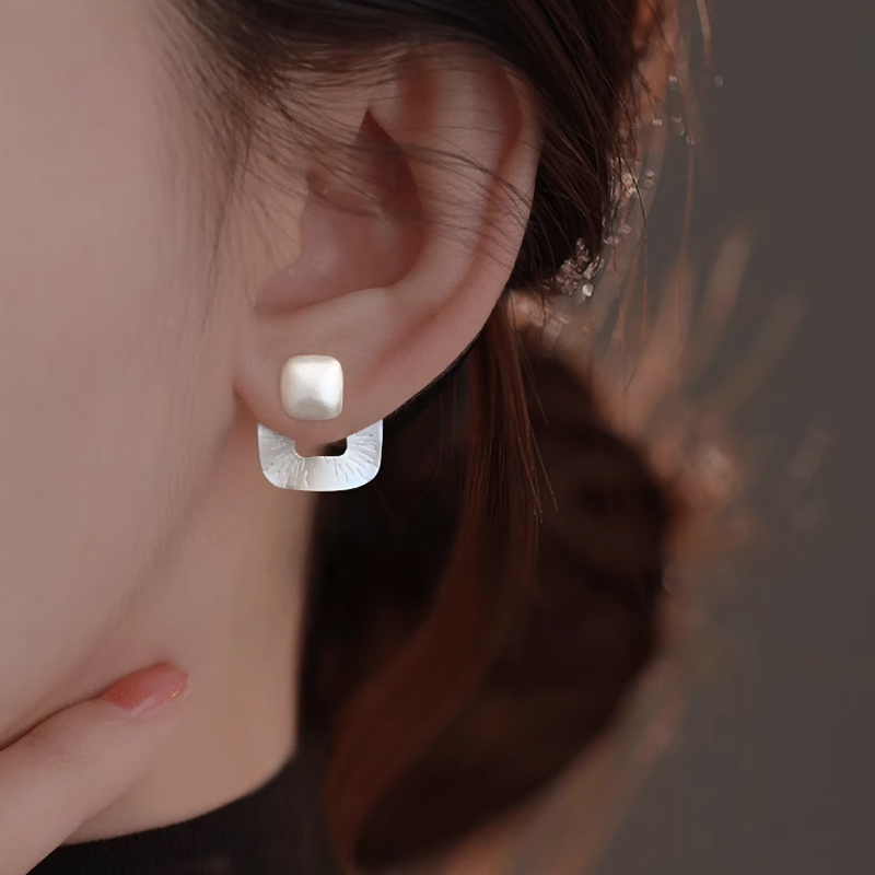 S925纯银简约几何镂空方形耳钉女时尚个性磨砂肌理后挂式耳环耳饰