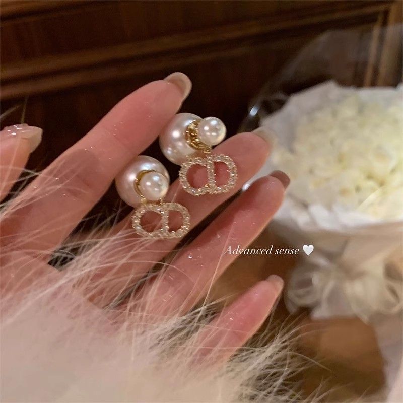 韦雪同款闪锆CD后挂式珍珠耳钉女