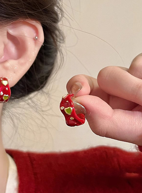 925纯银红色滴釉C型锆石耳钉女2025年新款复古耳圈高级感气质耳饰