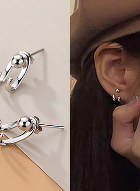 925银针耳钉女日韩时尚双线光珠耳环个性后挂式C形网红港风耳饰潮