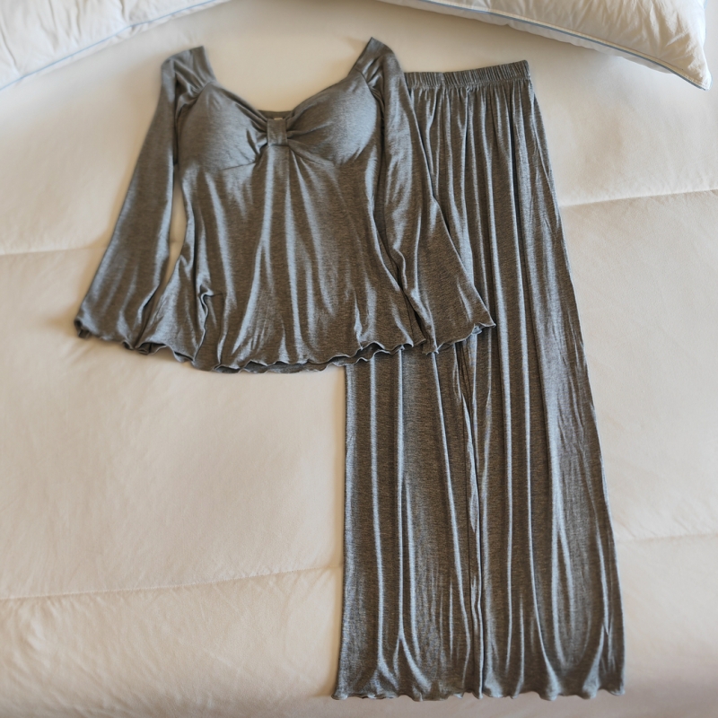 莫代尔睡衣女春秋季带胸垫家居服