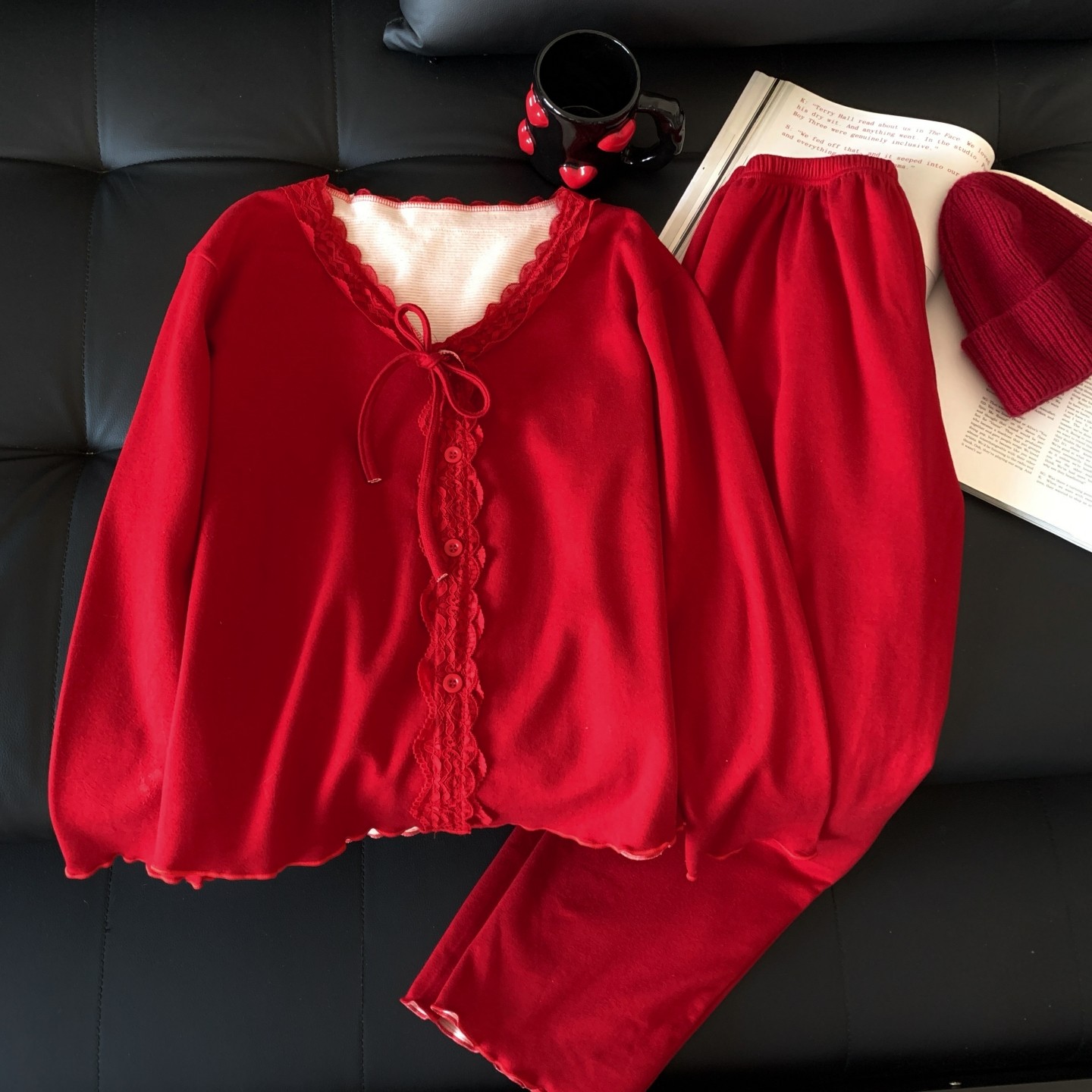 羊毛绒睡衣女秋冬季性感蕾丝边V领系带开衫长袖长裤两件套家居服,女士内衣/男士内衣/家居服,睡衣/家居服套装,淘宝优惠券,粉丝福利购,淘宝优惠卷