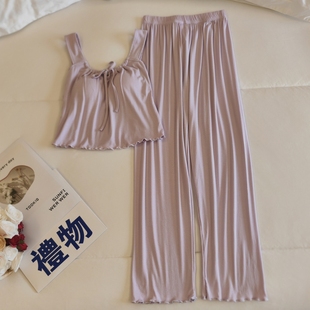 性感网红风莫代尔家居服 带胸垫睡衣女夏季 吊带长裤 两件套四季 薄款