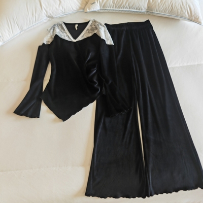 海岛绒睡衣女春秋冬带胸垫家居服