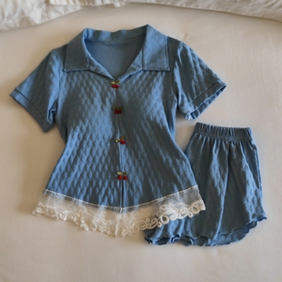 甜美网红风可外穿家居服 带胸垫睡衣女夏季 纯棉短袖 短裤 两件套薄款
