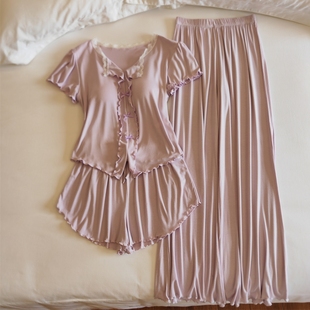 莫代尔睡衣女夏季 性感网红风带胸垫家居服 短袖 蝴蝶结三两件套薄款
