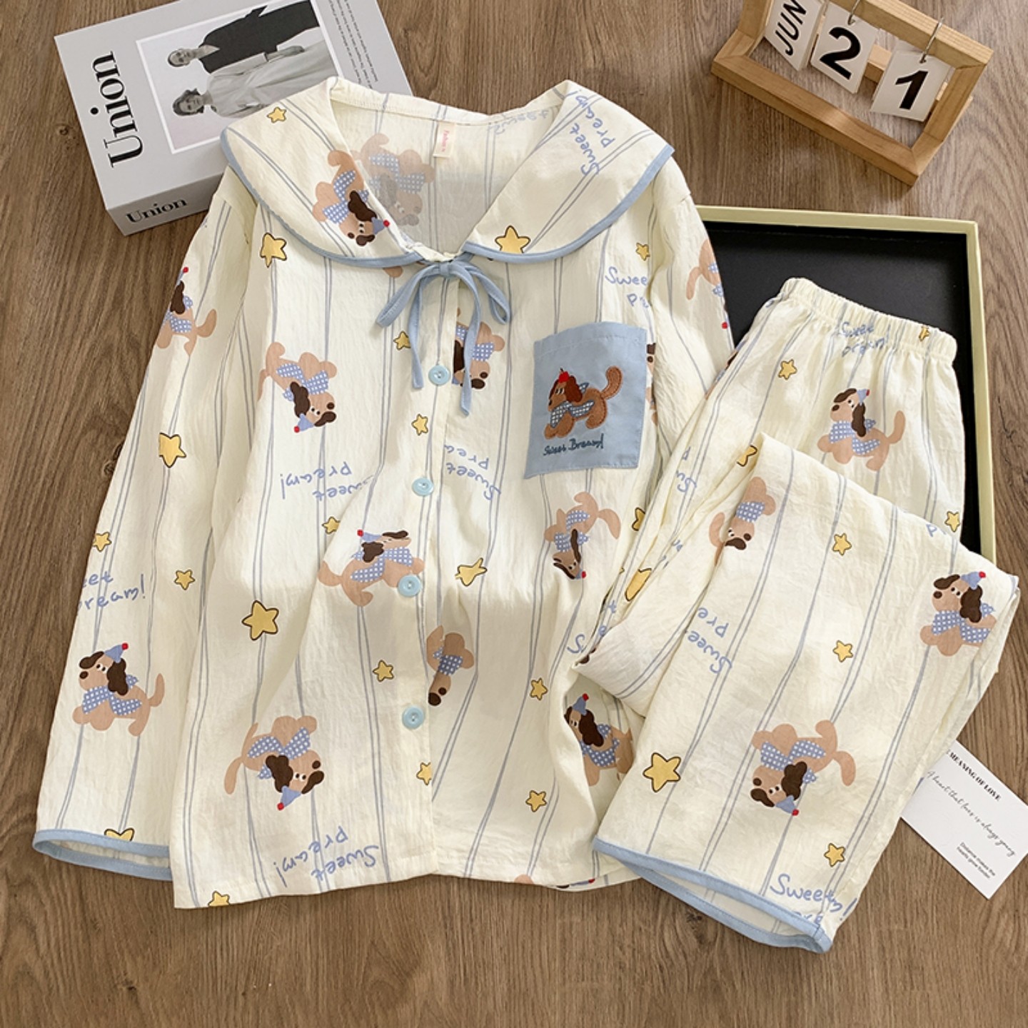 卡通小狗印花睡衣女春秋冬季云朵棉长袖开衫式娃娃领家居服两件套,女士内衣/男士内衣/家居服,睡衣/家居服套装,淘宝优惠券,粉丝福利购,淘宝优惠卷