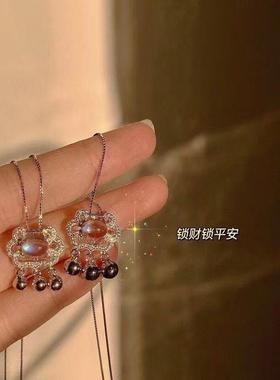 新款一生平安如意财吊坠项链女ins风简约女生小众平安锁锁骨链高