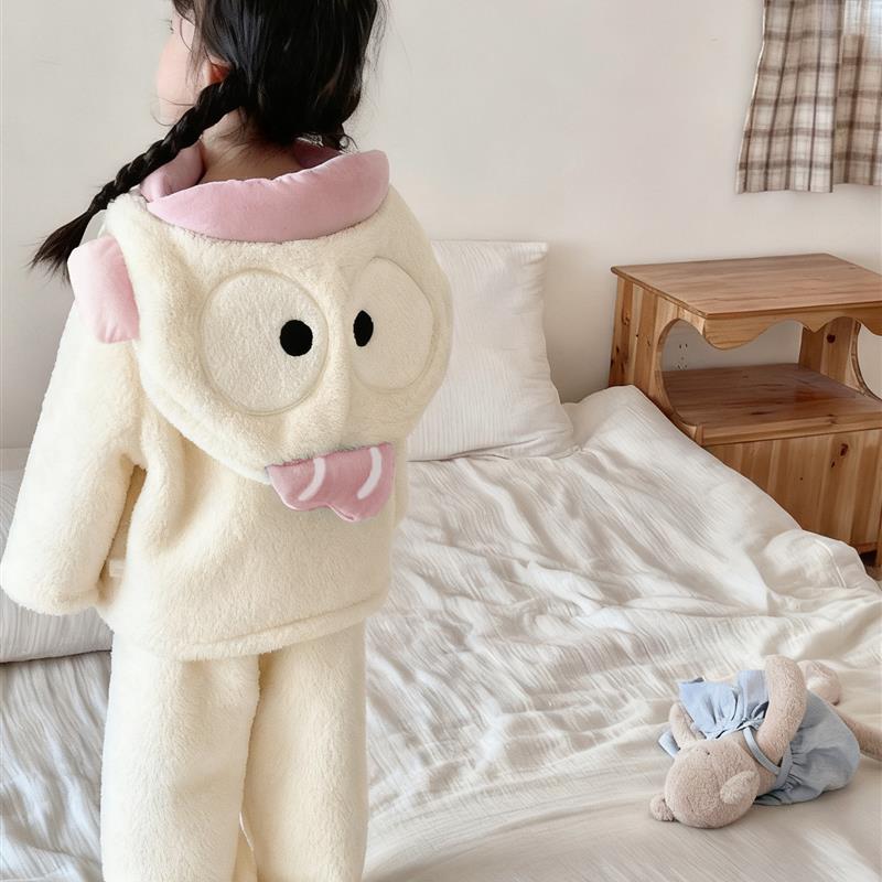 白色丑鱼儿童珊瑚睡衣绒秋冬加厚保暖搞怪鱼大嘴可外穿家居服套