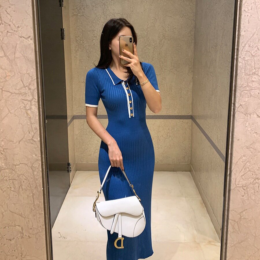 韩版chic复古纯欲风POLO领弹力修身显瘦撞色短袖针织包臀连衣裙