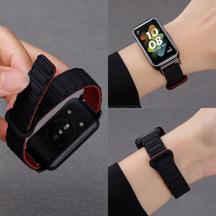 适用华为手环10 9腕带智能band十九代运动回环磁吸硅胶男女款 荣耀手环10 高级 8表带nfc版 鸣铎黑配酒红新款