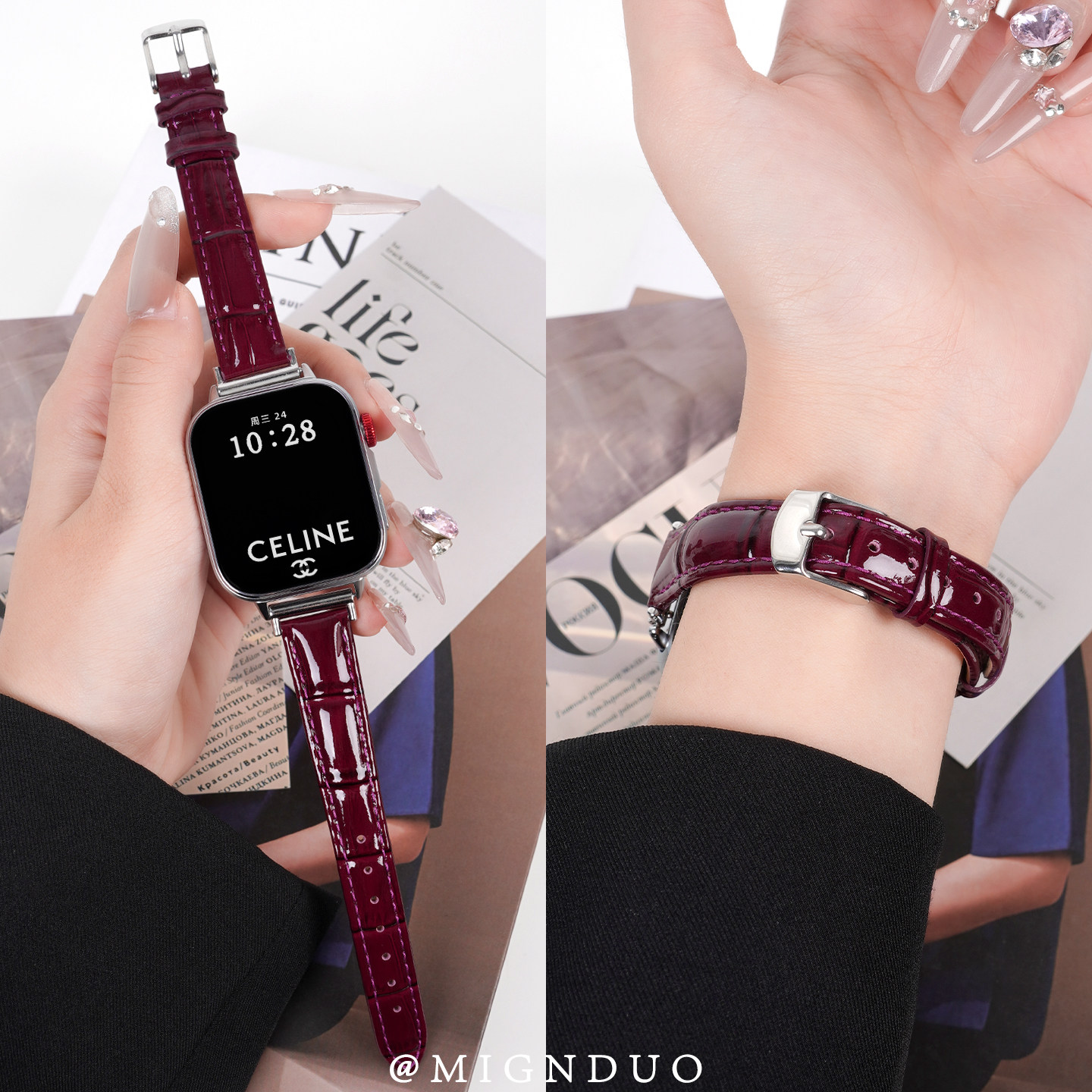 适用华为WatchFit4真皮亮光表带