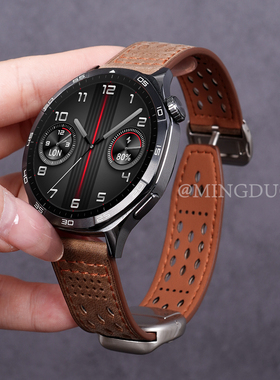 适用华为GT4手表gt5表带真皮watch5/4新款磁吸扣GT5pro夏季透气洞洞gt3智能watchgt男士2e高级感牛皮替换腕带