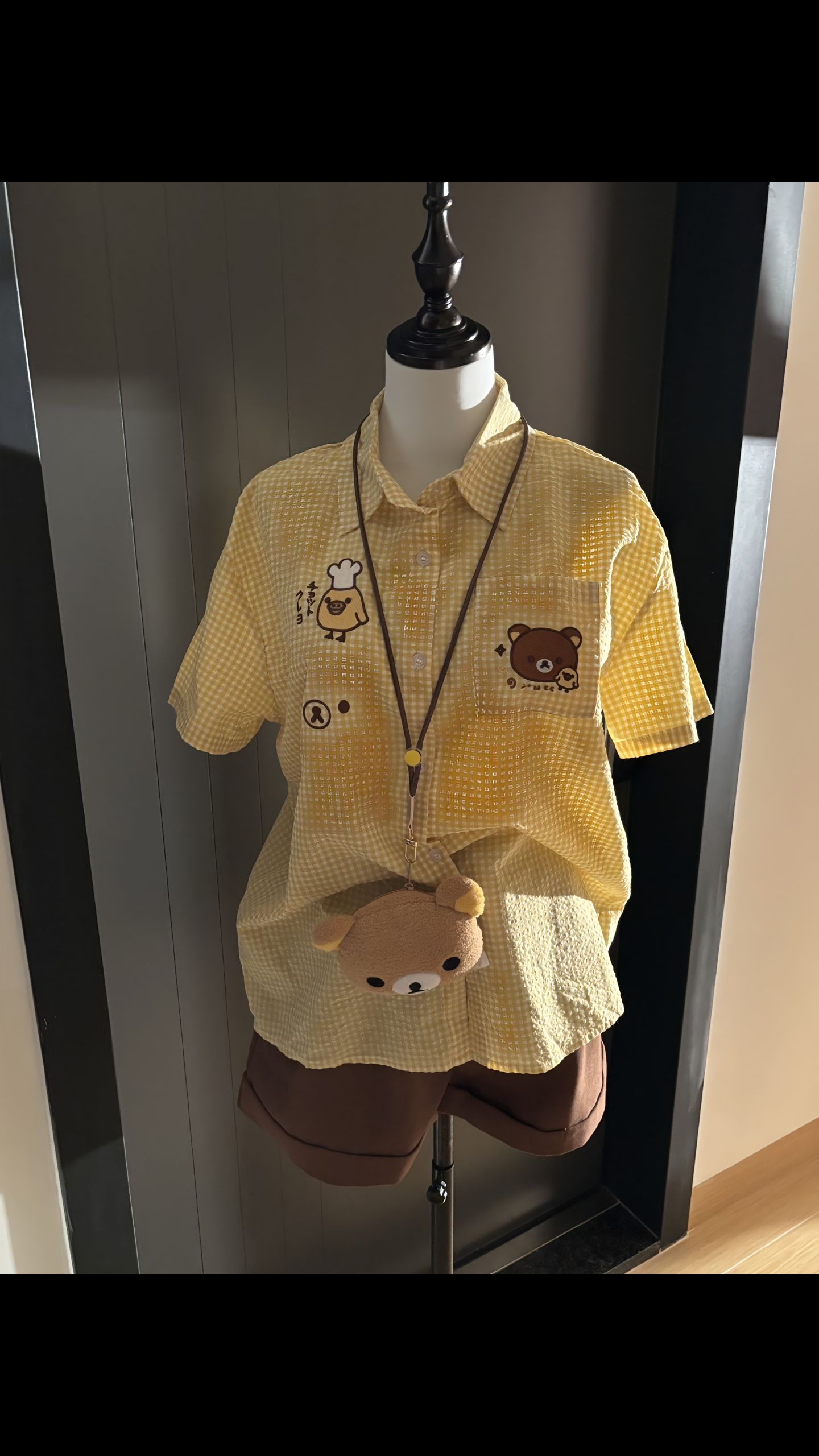 可爱轻松熊刺绣黄格子短袖衬衫女夏季学院风软妹百搭衬衣上衣