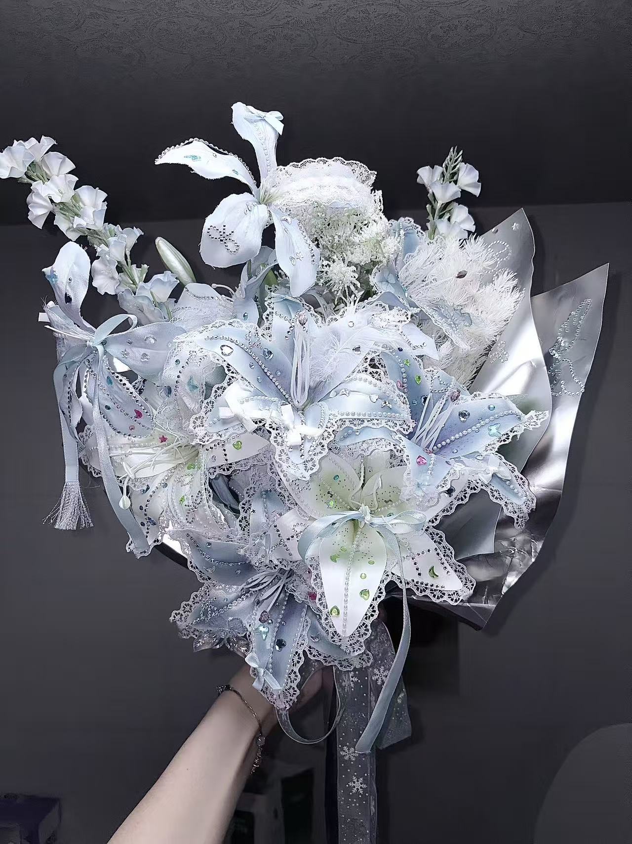 精致蕾丝贴钻百合花束DIY材料包浪漫七夕生日送男女友闺蜜惊喜
