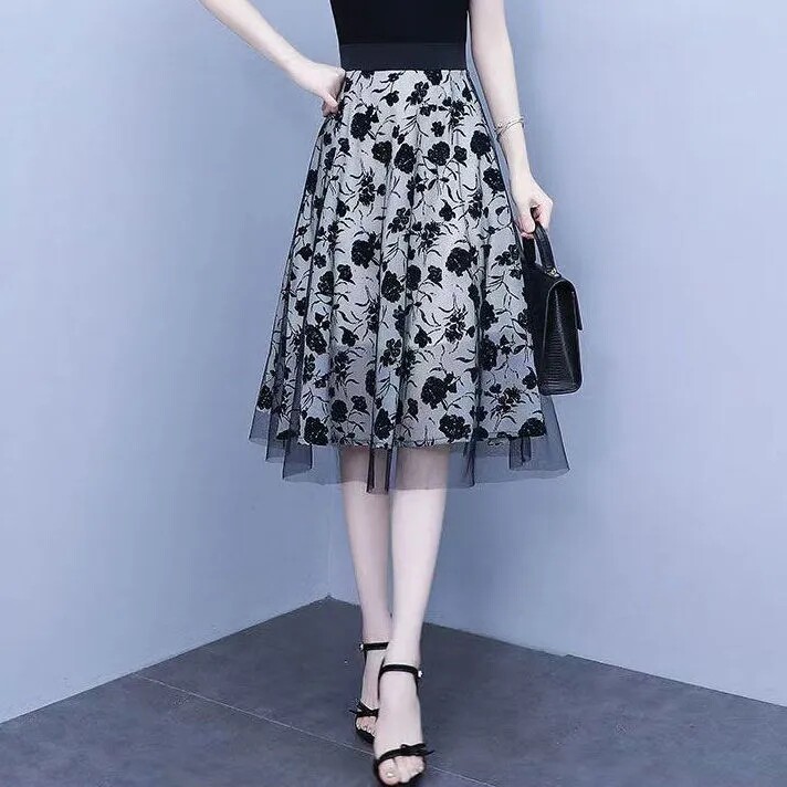 半身裙女2022新款印花裙女中长款半身裙女高腰百搭显瘦A字裙伞裙