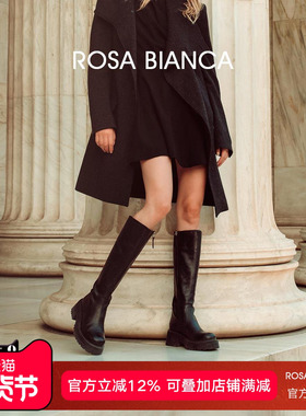Rosa Bianca厚底长筒靴女2025秋冬新款黑色真皮高筒靴复古骑士靴