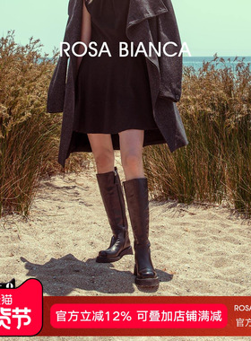 Rosa Bianca棕色长筒靴女真皮2025冬季新款复古骑士靴厚底高筒靴