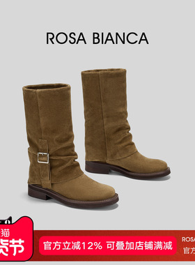 Rosa Bianca真皮英伦复古西部靴女2025年秋新款美拉德显瘦中筒靴