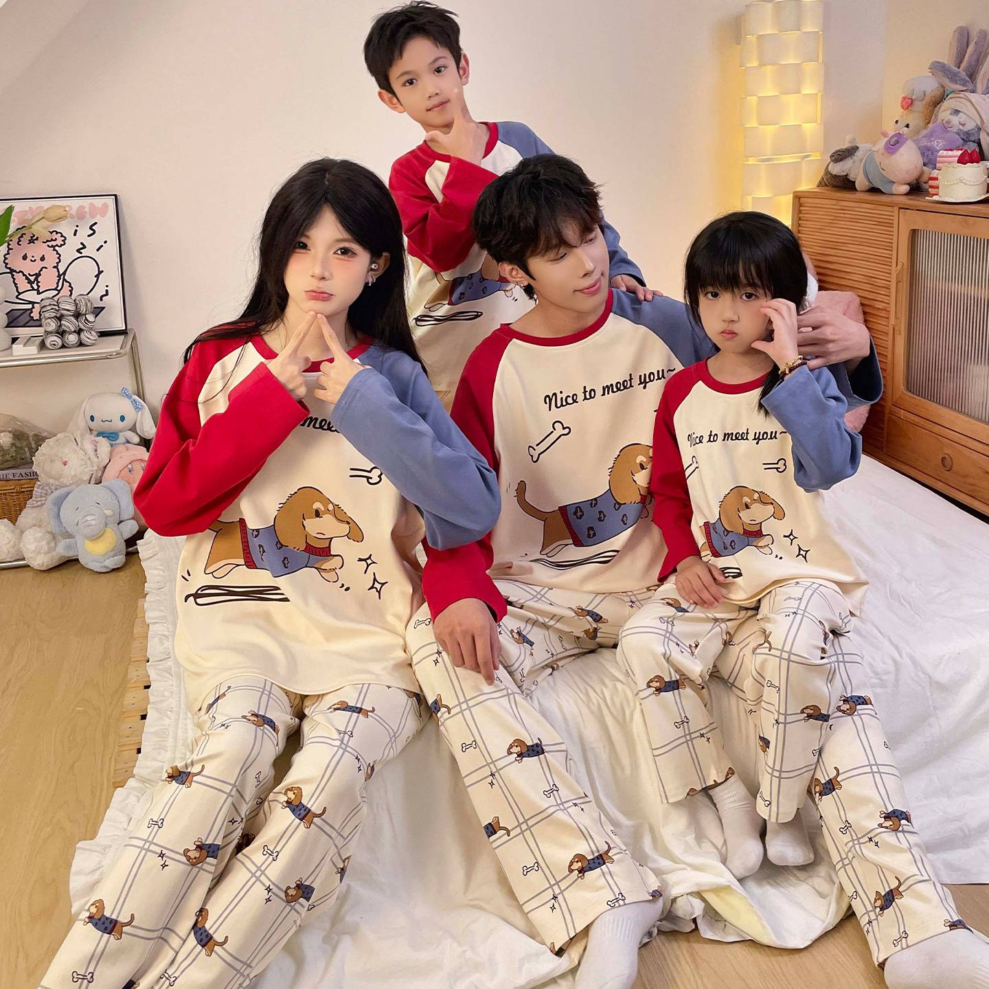 一家三口四口亲子睡衣卡通纯棉