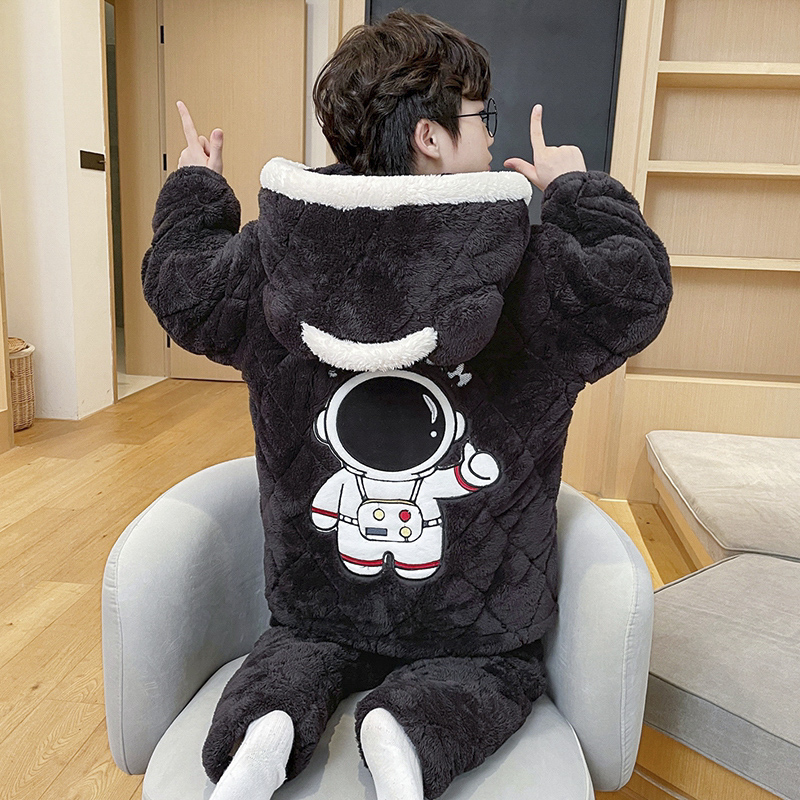 逸萌熊男童冬季加厚夹棉连帽睡衣