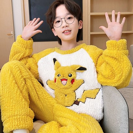儿童睡衣皮卡丘法兰绒冬季加绒加厚珊瑚绒男童卡通大童家居服套装