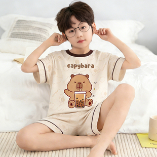 卡皮巴拉儿童睡衣男孩纯棉短袖短裤男童初中生夏季薄款空调家居服