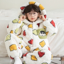 男童冬季睡衣蜡笔小新法兰绒儿童珊瑚绒三层夹棉加厚款保暖家居服