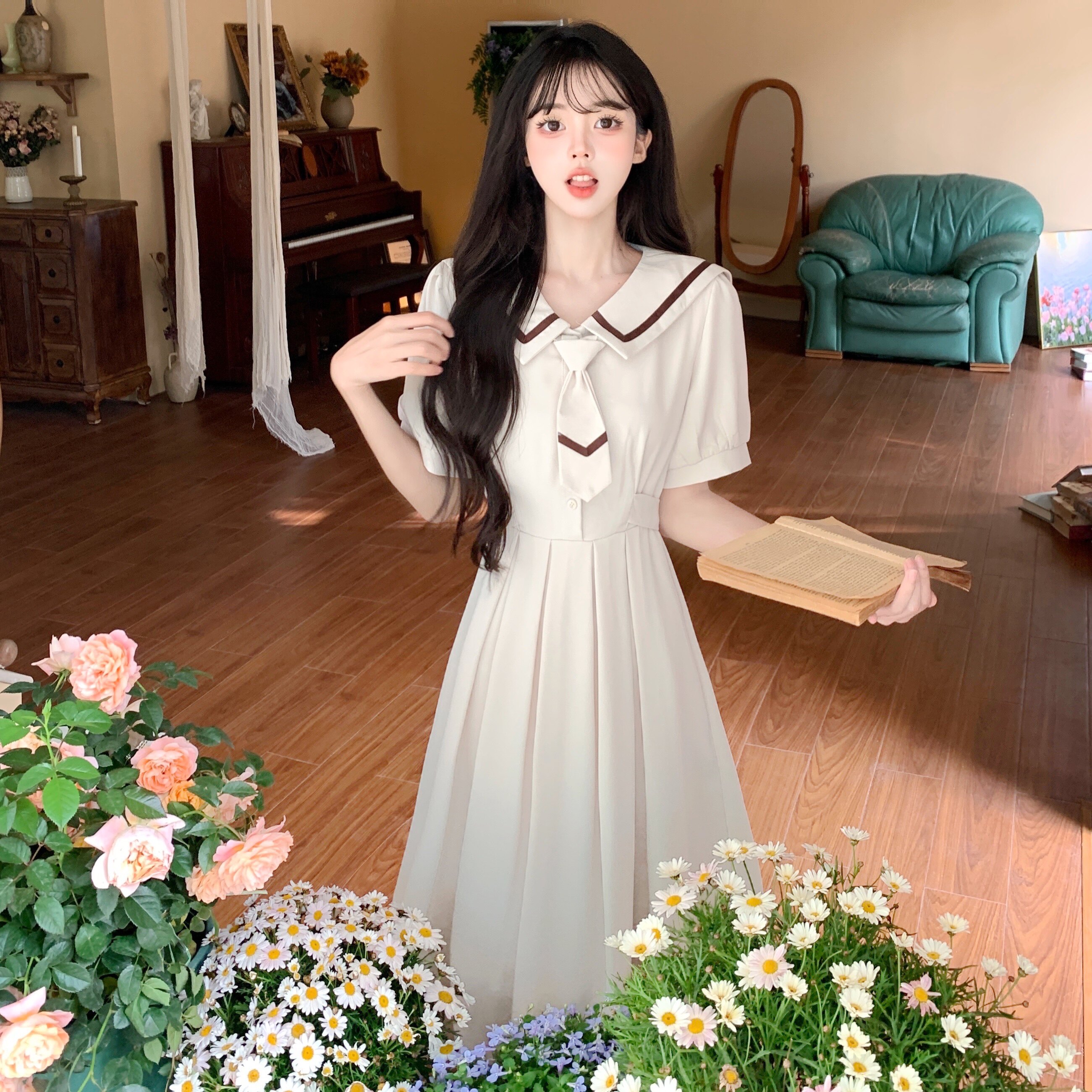 实拍~夏季新款复古学院风少女娃娃领蝴蝶结收腰百褶大码连衣裙 - 淘宝联盟商品