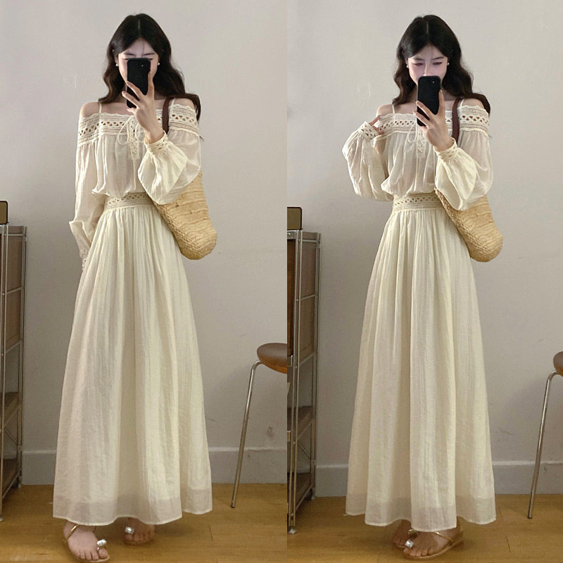 实拍~春夏新款设计感镂空花边吊带一字肩连衣裙大码收腰度假裙 - 淘宝联盟商品