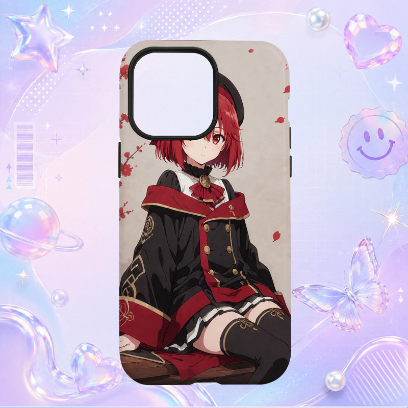 日系动漫红发少女黑红制服插画适用于苹果三星华为小米手机壳防摔保护套镜头全包