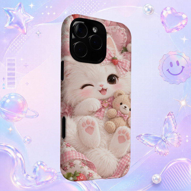 白色猫咪毛绒玩偶可爱插画适用于苹果三星华为小米手机壳防摔保护套镜头全包
