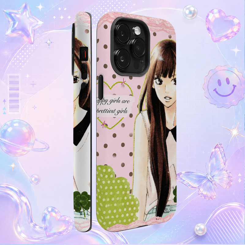 清新动漫长发少女波点背景插画适用于苹果三星华为小米手机壳防摔保护套镜头全包