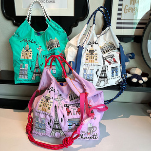 4月新款 chain刺绣购物袋大容量尼龙环保手提单肩斜挎包 铁塔ball
