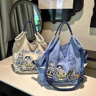 4月新款 chain刺绣购物袋小众尼龙手提包环保袋布袋刺绣 日系ball