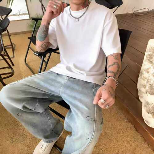 260G重磅t恤男款短袖新疆纯棉圆领宽松纯白色打底衫正肩半袖夏季