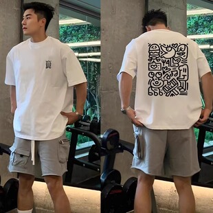 简约宽松休闲百搭夏季 T恤男卡通印花美式 白色短袖 ins 重磅纯棉