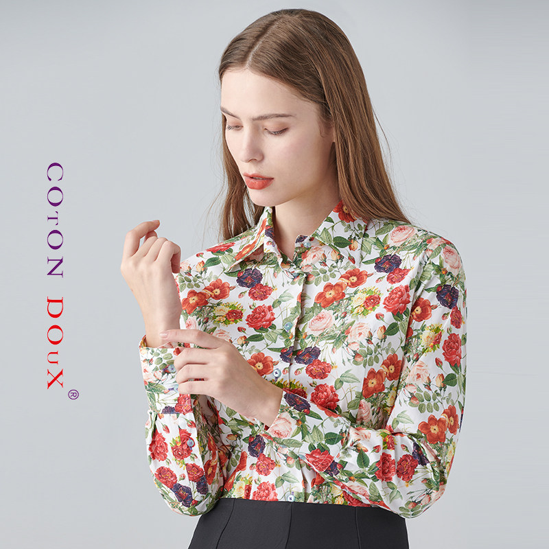 CotonDoux谷都丨法国品牌女装碎花衬衫时尚休闲长袖修身花上衣_DF
