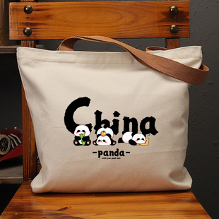 CHINA三个熊猫帆布袋女包手提袋环保购物大容量袋子男生上班通勤