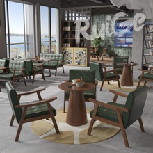 咖啡厅美式复古实木双人卡座油蜡皮沙发洽谈酒吧民宿桌椅组合商用