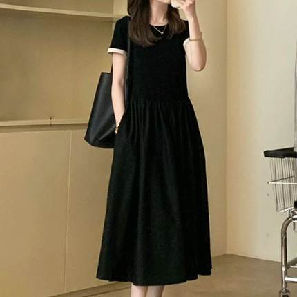 高级感长款短袖连衣裙女夏季2025新款今年流行爆款收腰显瘦长裙子