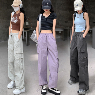 降落伞工装 2024夏季 实拍 裤 女 新款 港风宽松抽绳阔腿束脚机能卫裤