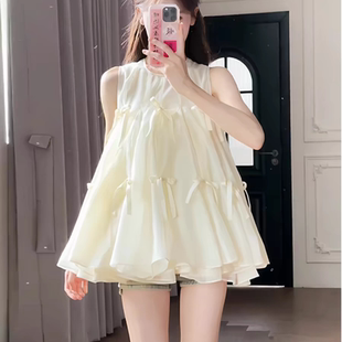 甜美风无袖 饰 娃娃衫 仙气飘飘蓬蓬上衣温柔系少女感穿搭蝴蝶结装