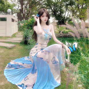 海边度假长裙蝴蝶印花网纱修身 实拍法式 露背绑带吊带裙鱼尾连衣裙