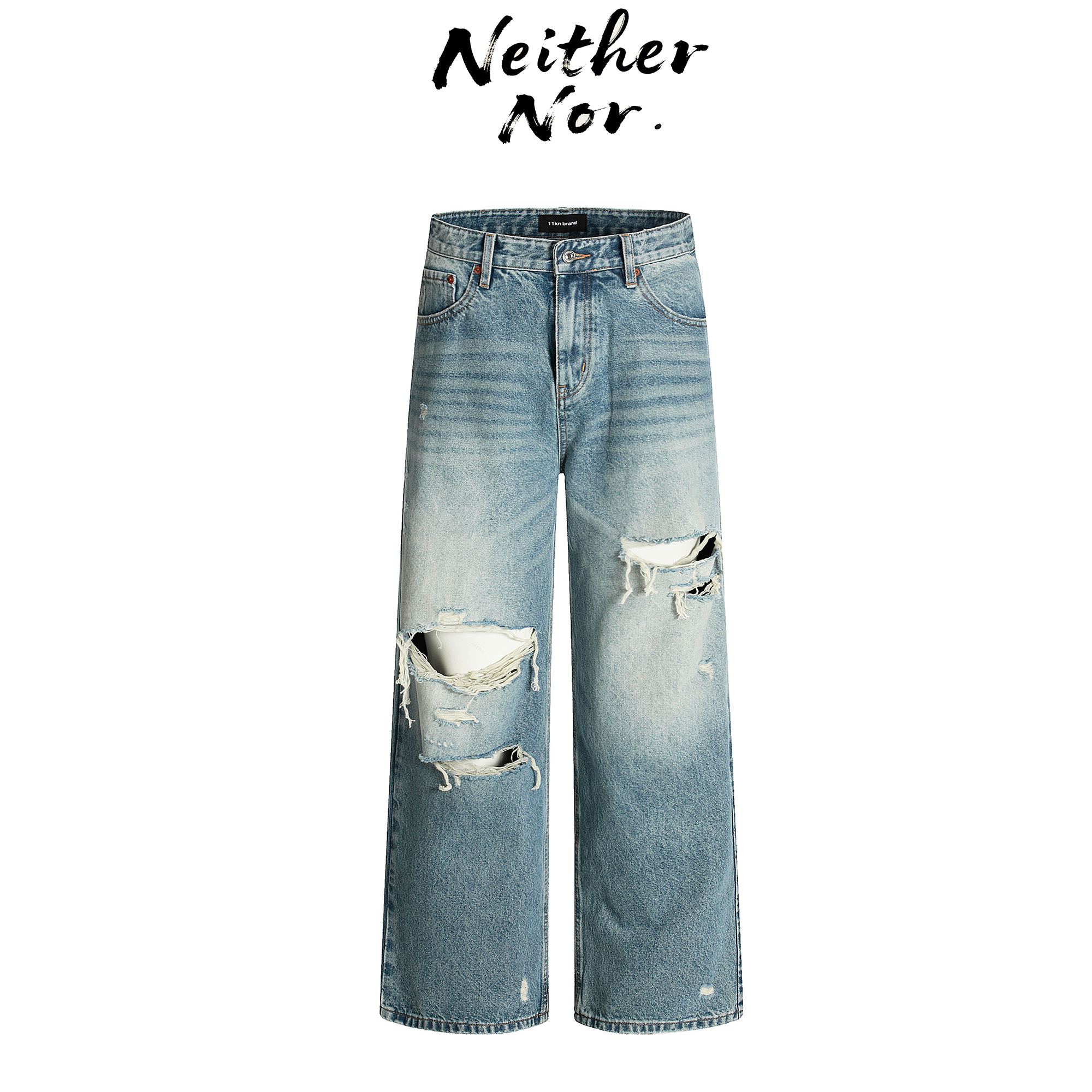 潮简水洗INS男女宽松阔腿破洞做旧复古VIBE弯刀直筒牛仔休闲裤