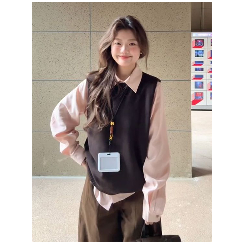 两件套装韩系减龄甜美学院风针织背心马甲毛衣女学生叠穿粉色衬衫