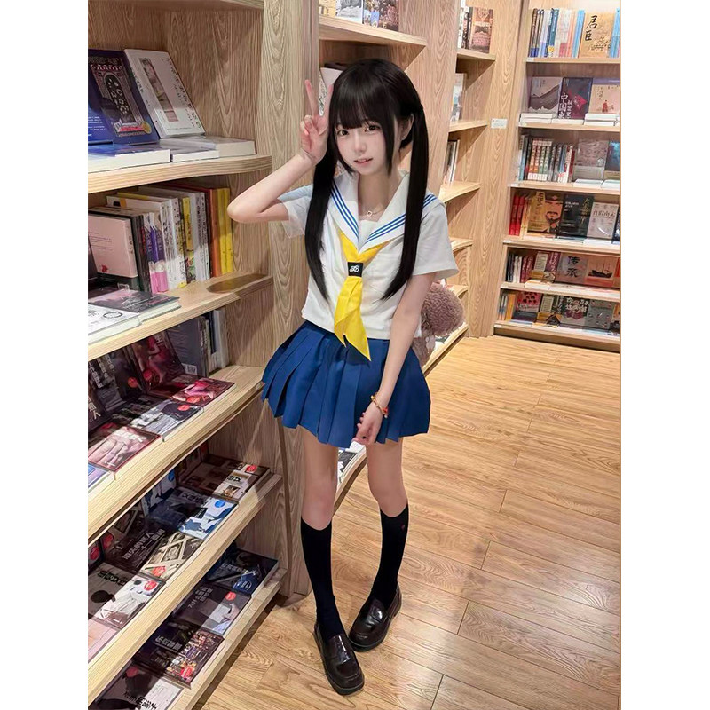 日系原创水手服jk制服套装海军学院白领蓝三本基础开衫上衣短裙女